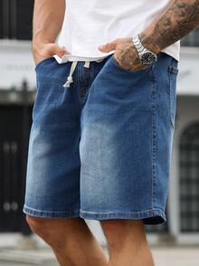 RHETRK Pantalones cortos de mezclilla holgados, informales, versátiles, con bolsillo con cordón para hombres de talla grande - Azul - Ver 6