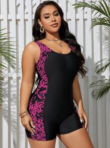SHEIN Swim Curve Plus Size Women 2025 Color Block Printed One-Piece Swimsuit Summer - Multicolor - View 3