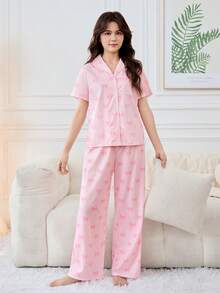 SHEIN 2 chiếc Teen Girl Ngọt Ngào In Hình Bướm Cổ Quần Tay Ngắn Dệt Kim Thoải Mái Bộ Đồ Ngủ - Hồng - Xem 4