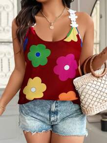 SHEIN LUNE Plus Size Women's Colorful Floral Print Sleeveless Tank Top - Burgundy - View 4