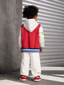 SHEIN 2pcs Young Boys' Fashion Sporty Casual Colorblock Print Baseball Jacket With Vintage Washed Jeans Set, For Sports, Daily Wear, Outdoor, School