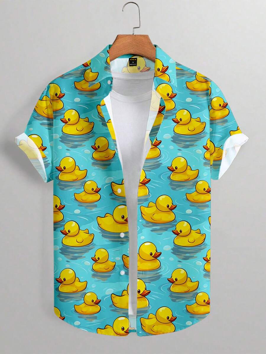 Manfinity Chillmode Men Duck Print Funny Graphic Color Block Simple Everyday Button Short Sleeve Shirt - Multicolor - View 1
