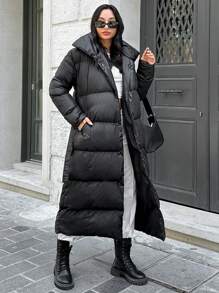 SHEIN Tall Tall Women's Slant Pockets Single Breasted Puffer Coat - Black - View 3