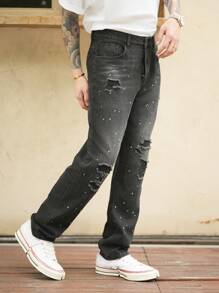 Manfinity Homme Men Distressed Washed Black Straight-Leg Casual Jeans - Black - View 6