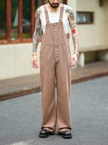 Manfinity Homme 男式复古棕色牛仔宽松休闲背带裤 - 棕色 - 查看 6