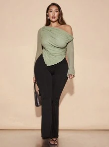 SHEIN BAE Off-Shoulder Brown Mesh Plus Size Long-Sleeved T-Shirt - Mint Green - View 3