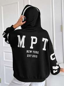 SHEIN 青少年女孩休闲宽松字母印花连帽运动衫，适合返校装，百搭运动风格，秋季 - 黑色 - 查看 1