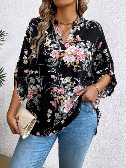 EMERY ROSE Plus Size Women's Floral Print Ruffle Sleeve Shirt Fall Cloth For Women