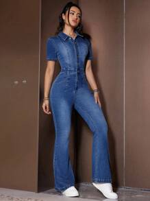 SHEIN Unity Bộ áo liền quần denim ngắn tay đơn giản màu trơn tối giản dành cho nữ - Rửa tối - Xem 4