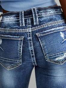 Elegant High Waist Stretch Flared Jeans - Women's Vintage Washed Bootcut Denim Pants, Classic Retro 70s Style, Comfortable Skinny Fit Casual Trousers - 深色水洗藍 - 查看 3