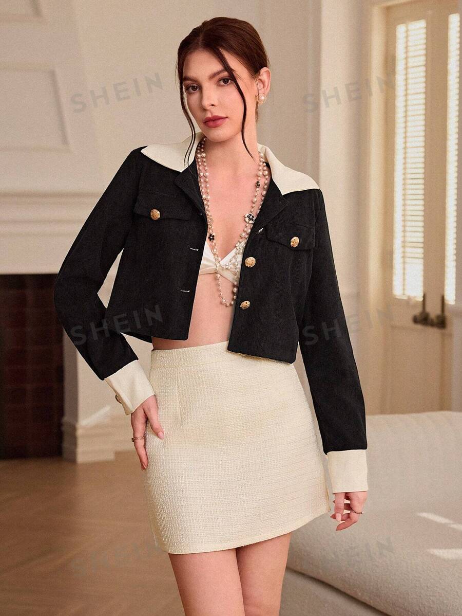 Aveloria Rosie Chaqueta de manga larga con parche de pana y waffle de color contrastante en el cuello