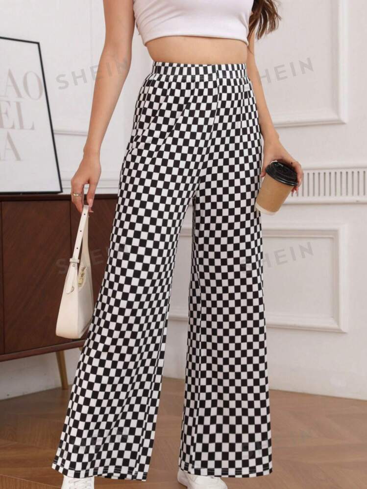 SHEIN EZwear Women Checkered Print Drawstring Waist Wide Leg Casual Pants