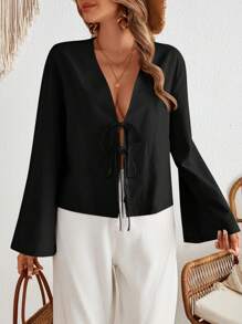SHEIN VCAY Plus Size Casual Bell Sleeve Tie Waist Shirt, Autumn Resort Wear