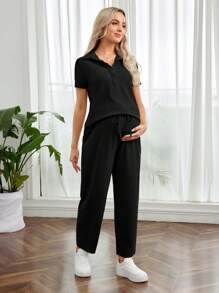 SHEIN Conjunto informal de embarazo de 2 piezas con cuello polo, abotonadura delantera, manga corta y cintura ajustable, para uso diario - Negro - Ver 4