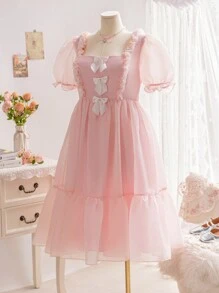 Soleia Plus Size Women's Holiday Pink Romantic Sheer Organza Puff Sleeve Dress With Ruffle Collar And Ruffle Hem A-Line - Pink - View 7