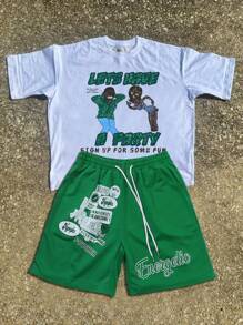 Manfinity Roghcode Hommes Grande Taille Été Décontracté Personnage Slogan Imprimé T-shirt Shorts Ensemble Deux Pièces - Multicolore - Voir 1