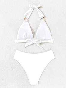 SHEIN Swim Women's Solid Color Halter Neck Fashion Bikini Set, For Summer Beach Vacation - White - View 5