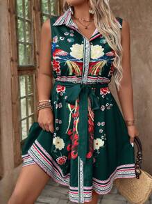 SHEIN Clasi Plus Size Vacation Casual Floral Printed Sleeveless Front Buttoned Dress - Green - View 7