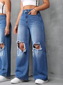 SHEIN EZwear Women Casual Distressed Straight Leg Jeans, Blue - Blue - View 3