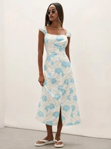 COSMINA Vestido con estampado de flores y pata de gallo para vacaciones de mujer