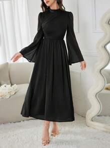 Modelyn 女士纯色简约喇叭袖聚会鸡尾酒会礼服长款晚礼服