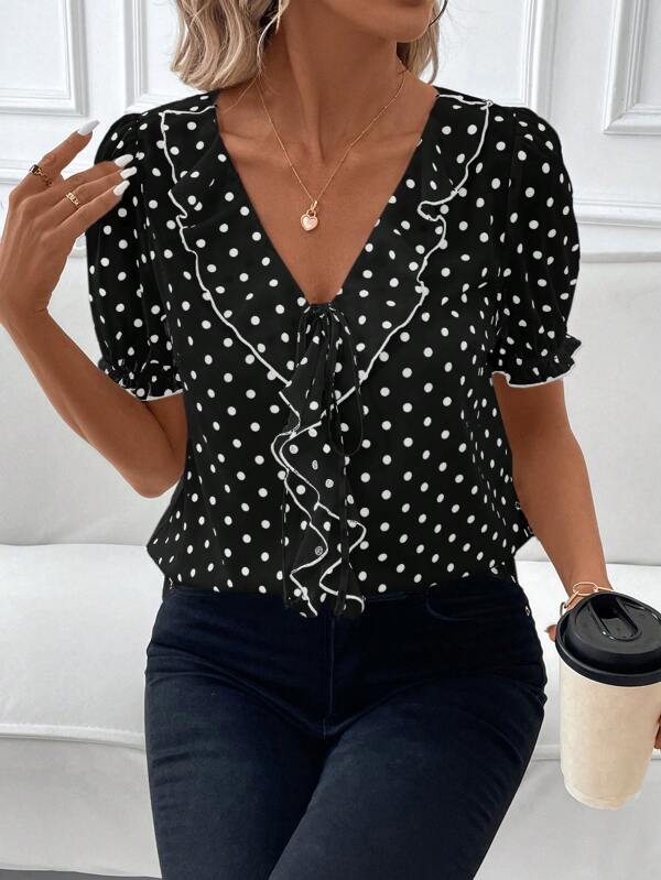 SHEIN Clasi Women Polka Dot Colorblock Ruffled Trim Elegant Shirt