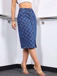 Women's Laser Engraved Checkerboard Design Casual Button Denim Skirt