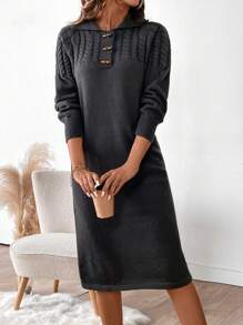 Chiquease 纯色翻领长袖正面纽扣简约毛衣裙，休闲 - 深灰色 - 查看 4