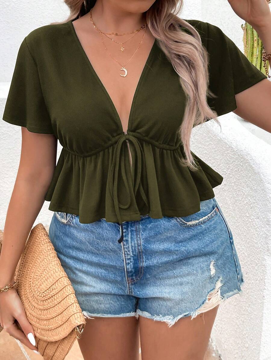 SHEIN VCAY Plus Size Ruffle Trim Loose Casual Tee - Army Green - View 1