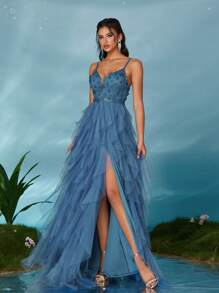 V-Neck Sexy 3D Embroidered Contrast Mesh Ruffle High Split Dress, Elegant Formal Evening Prom Gown, For Wedding Guest, Graduation, Dinner Party Dress Spring - Dusty Blue - View 4