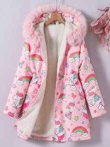 Tween Girls' Fluffy Hooded Zip-Up Allover Print Cute & Fashionable Jacket - Pink - View 1