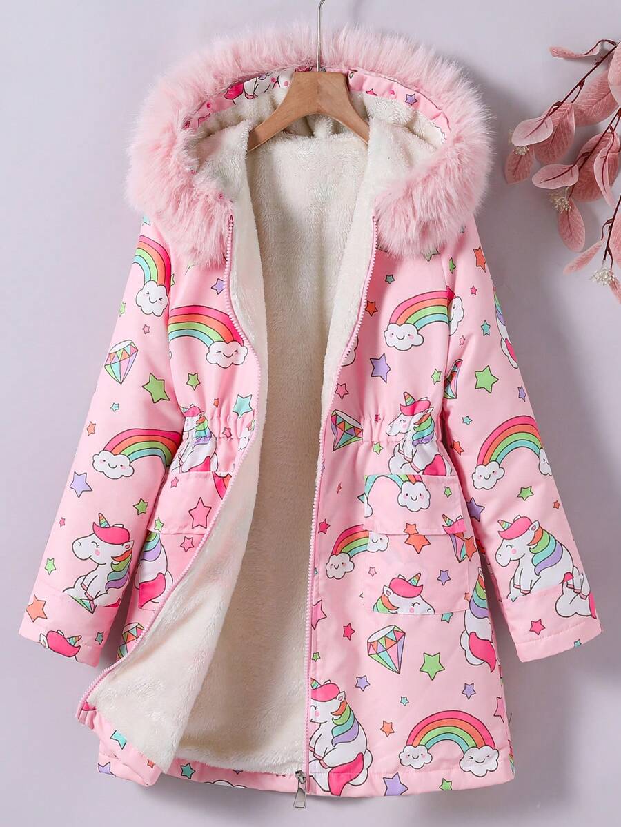 Tween Girls' Fluffy Hooded Zip-Up Allover Print Cute & Fashionable Jacket - Pink - View 1