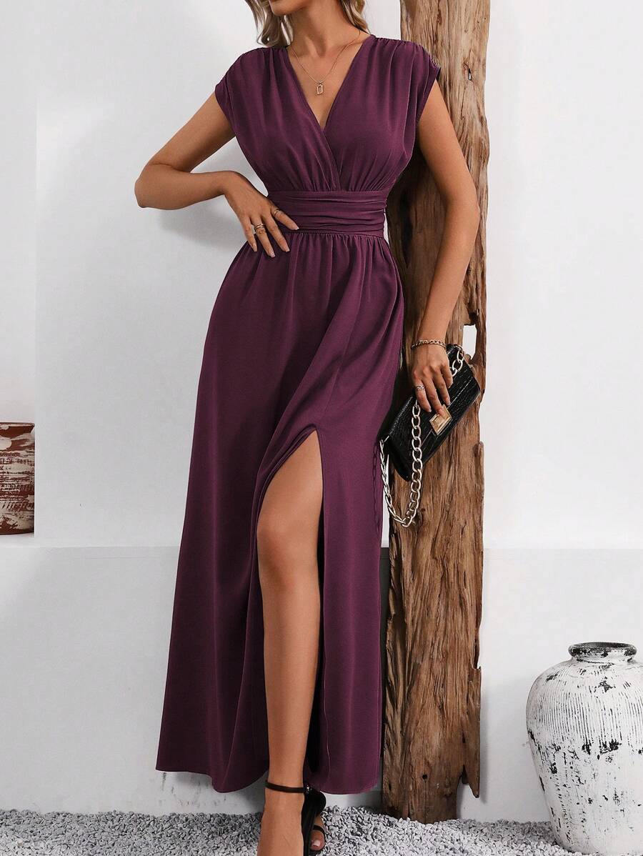LanaWest Women's V-Neck Ruched Waist Split Elegant Fashion Dress Maxi Women Outfit