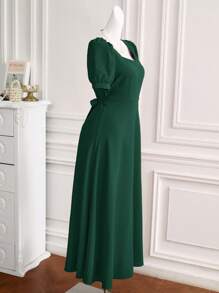 Modelyn 女士甜心领口短袖优雅迷人时尚连衣裙 - 墨綠色 - 查看 3