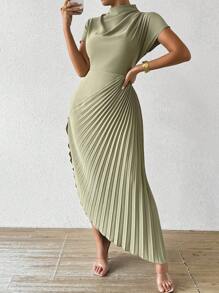 Calvaya Vestido elegante maxi con cuello alto, plisado asimétrico en el bajo para mujer
