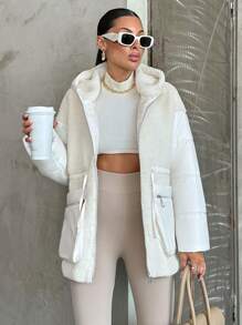 EURMUSE Plus Women's Coat Made Of Fluffy Fabric And Padding With A Fitted Design, Fabric Patchwork, Adjustable Waist, Side Pockets With Zipper, Hood - White - View 3