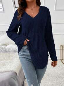 Plus Size Plain V-Neck Ribbed Long Sleeve T-Shirt Fall Cloth For Women - Navy Blue - View 4
