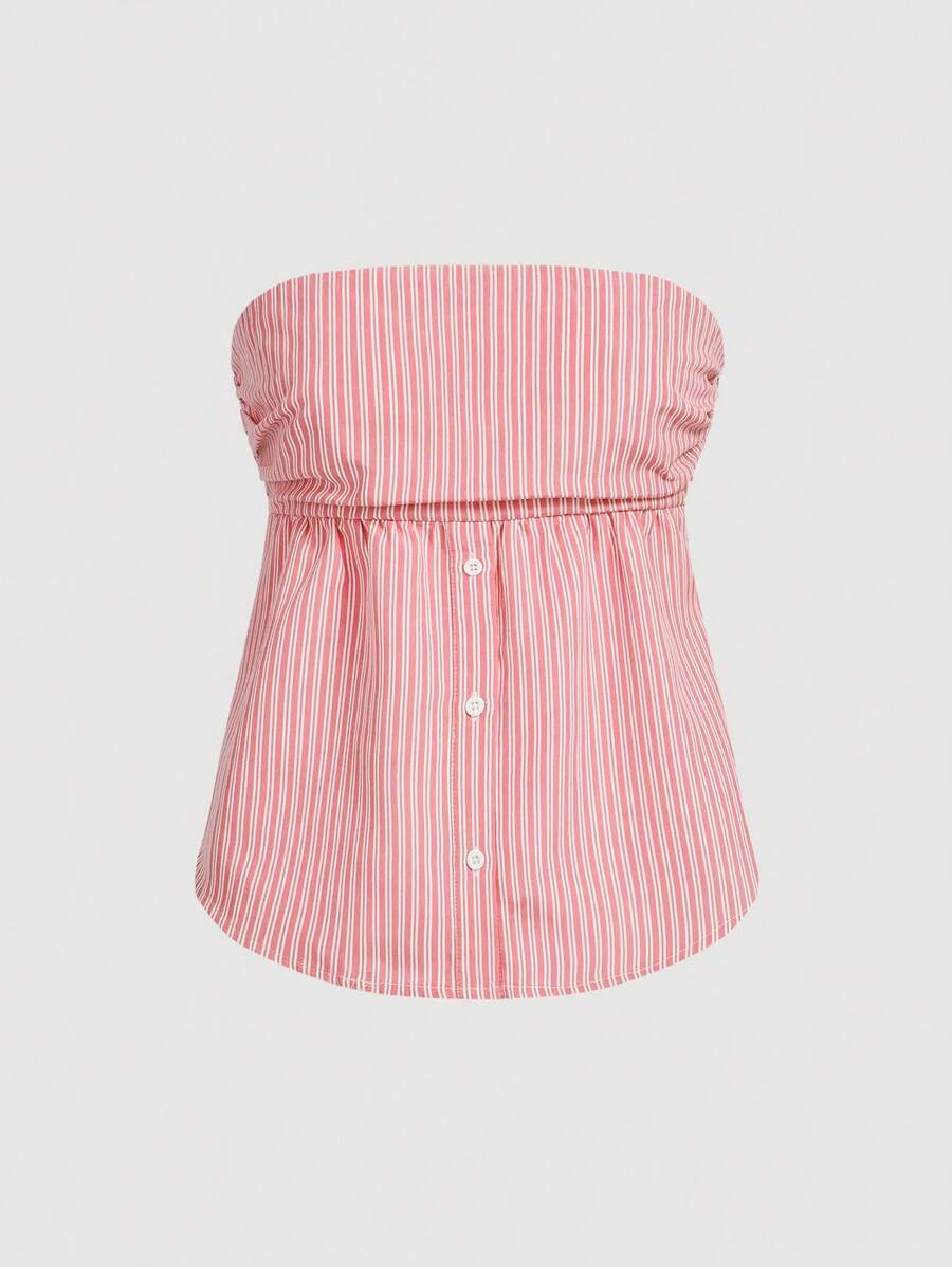 SHEIN MOD Women Open Back Button Pleated Design Fashionable Shirt-Style Tube Top Striped Top - Pink - View 1