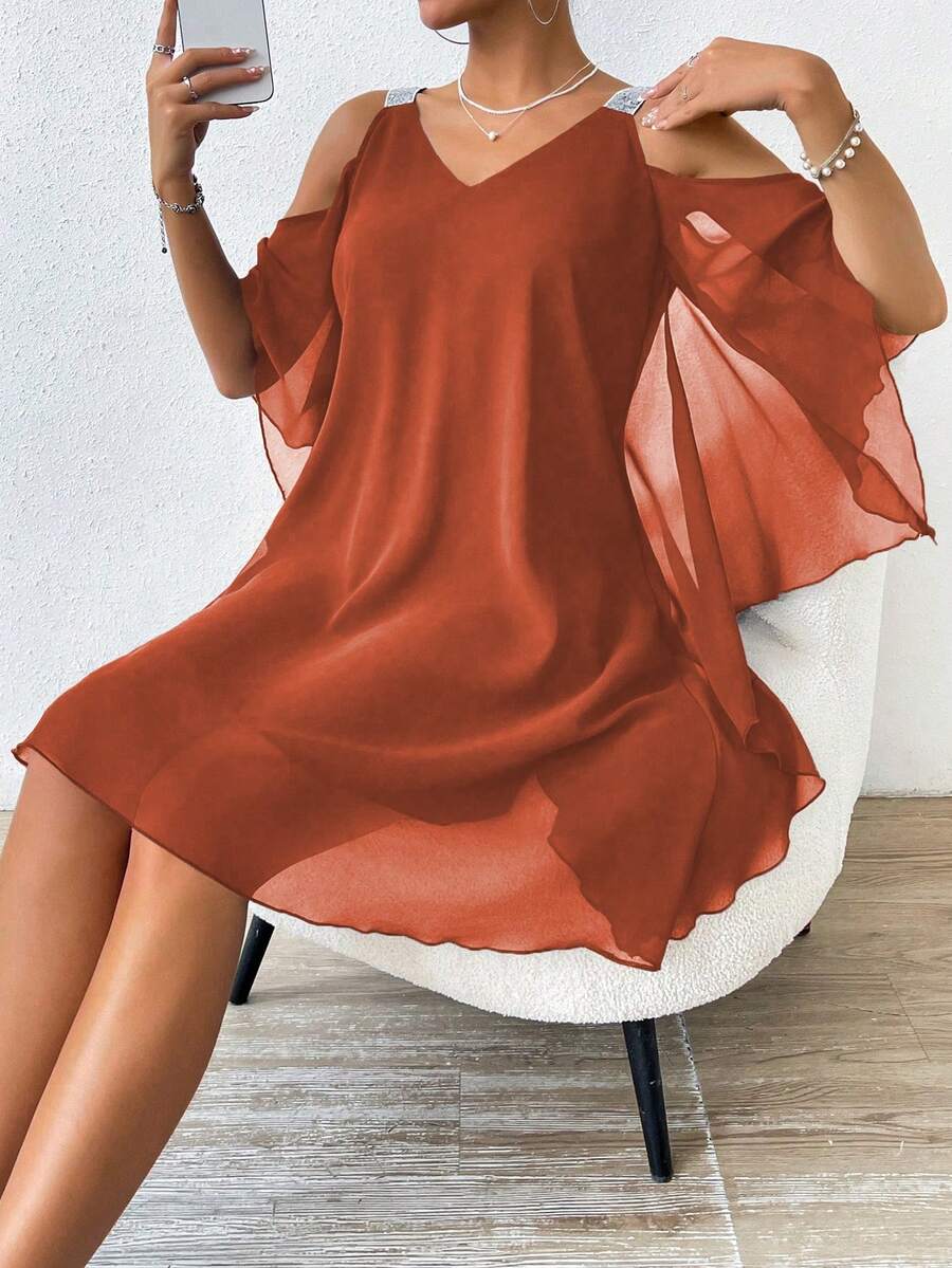 SHEIN Clasi 女士 V 领露肩宽松网眼优雅连衣裙 - 鏽棕色 - 查看 1