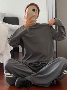 Livesso 女士休闲圆领T恤，秋季新款长袖女上衣，秋季女装 - 灰色 - 查看 6