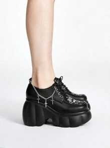 ROMWE Goth Women Skull & Cross Print Chain Decor Platform Thick Sole Loafer Shoes