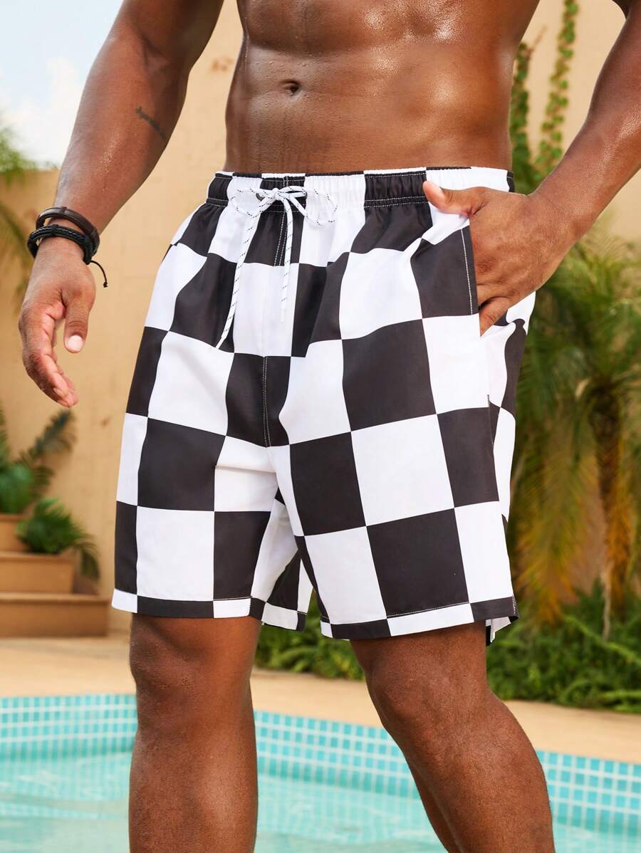 Manfinity Plus Size Men's Plaid Lace-Up Pocket Beach Shorts, Casual & Holiday