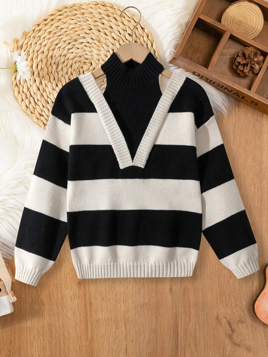 SHEIN Tween Girl Stripes Ribbed Knit Layered Sleeveless Sweater, Autumn - Multicolor - View 1