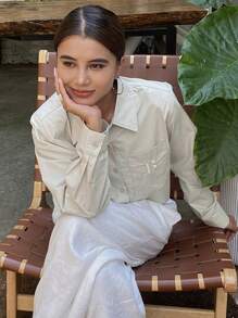 DAZY Letter Embroidered Crop Collared Long Sleeve Women's Shirt,Fall Clothes - Apricot - View 7