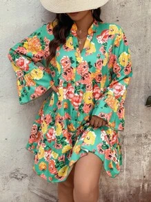Celure Plus Size Vacation Casual Floral Allover Print Notched Neck Flare Sleeve Dress With Cutout