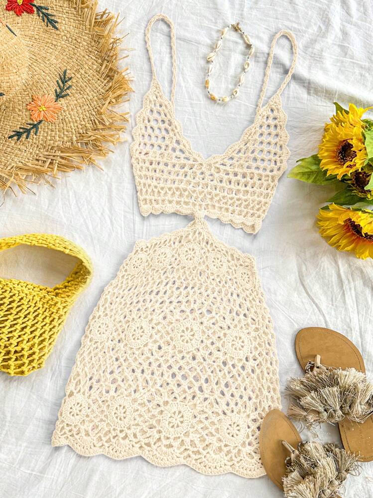 Soleia 女士休闲杏色侧镂空细肩带 V 领钩针派对迷你连衣裙，波西米亚音乐节风格，适合单独穿着或作为外套，夏装，夏威夷服装 - 杏色 - 查看 2