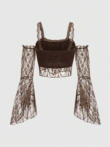 ROMWE Fairycore Contrast Lace Cold Shoulder Top - Coffee Brown - View 2