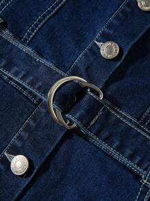 SHEIN 少女復古英式泡泡袖，立領單排扣牛仔裙，配可調節腰帶，簡單優雅 - 深色水洗藍 - 查看 8