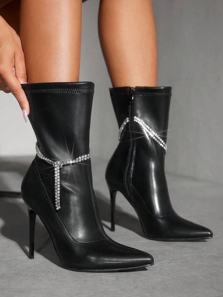 CUCCOO SZL Women's Fashionable Party Style Short Boots, Black Classic Pointed Toe High Heels Mid-Calf Boots With Rhinestone Straps, Zipper Closure, Suitable For Work Or Date Halloween Witch Fall