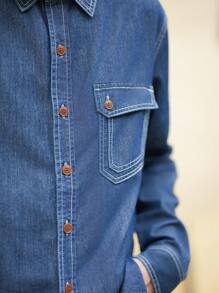 Manfinity Homme Men Flap Pocket Denim Shirt - Dark Wash - View 6